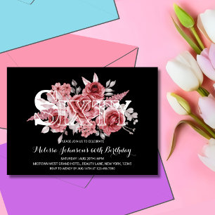 Red Maroon Greenery Floral 60th Black Birthday Invitation