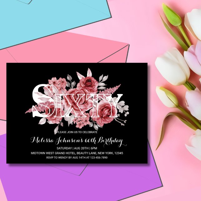 Red Maroon Greenery Floral 60th Black Birthday Invitation (Creator Uploaded)