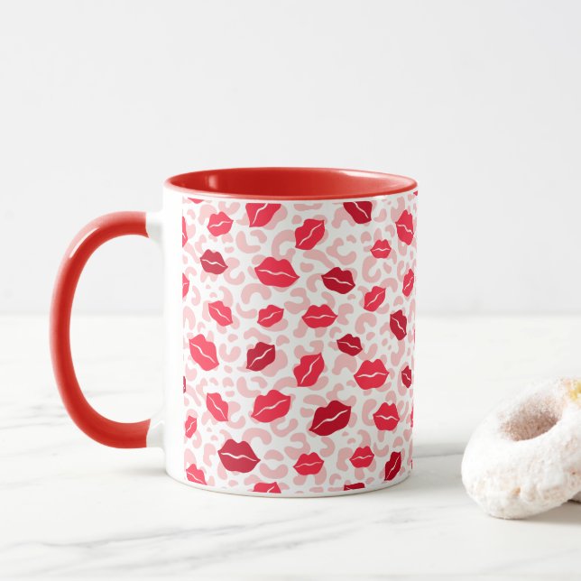 Red & Maroon Lips on Pink Pattern Mug (With Donut)