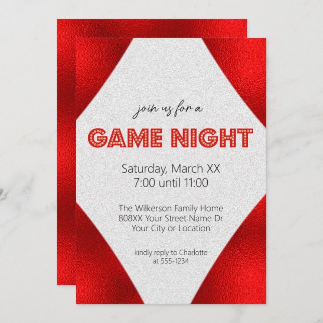 Red Marquee Sign Game Night Party Invitation (Front/Back)