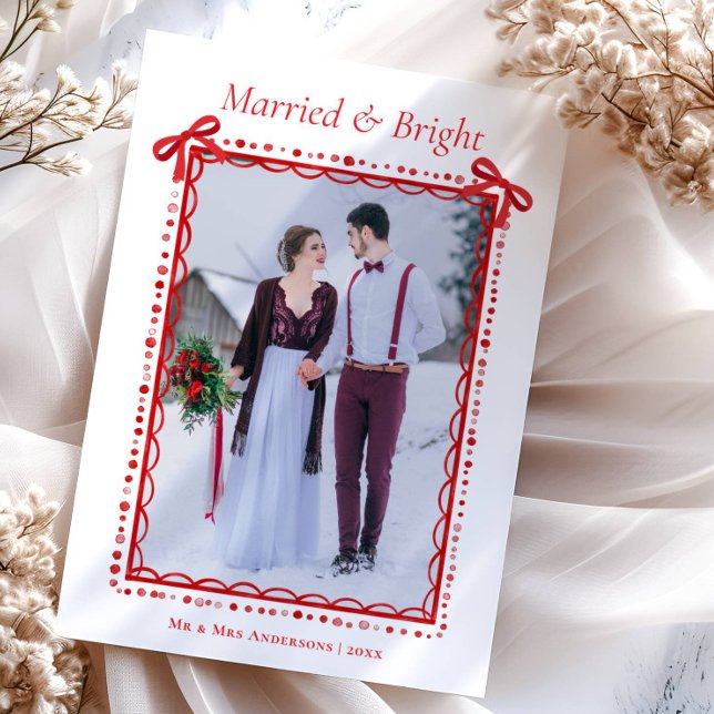Red Married & Bright First Christmas Couple Holiday Card (Creator Uploaded)