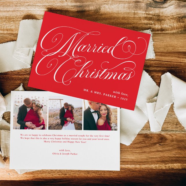 Red Married Christmas | Photo Grid and Calligraphy Holiday Card (Creator Uploaded)