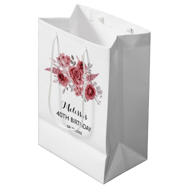 Red Marron Rose Greenery Floral 40th Birthday Medium Gift Bag (Front Angled)