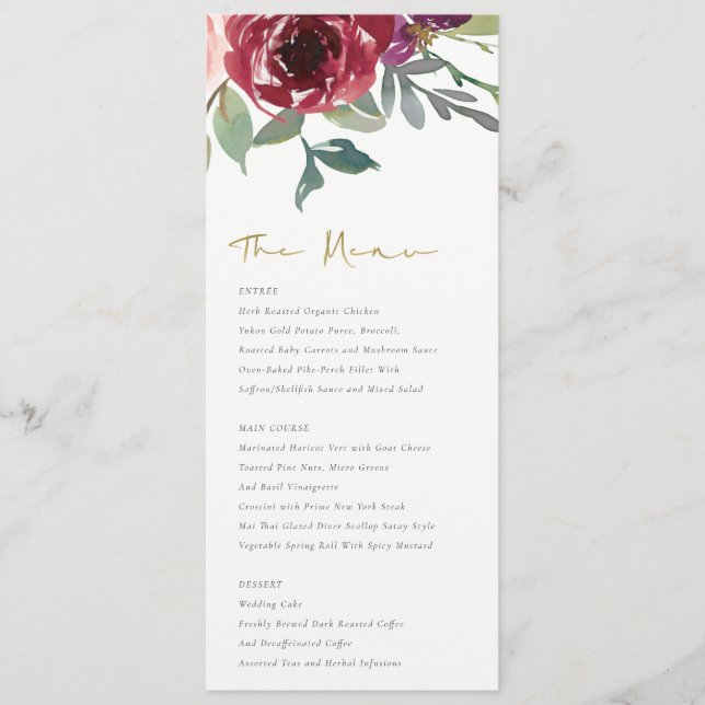 RED MARSALA BLUSH ROSE WATERCOLOR FLORAL WEDDING MENU (Front)