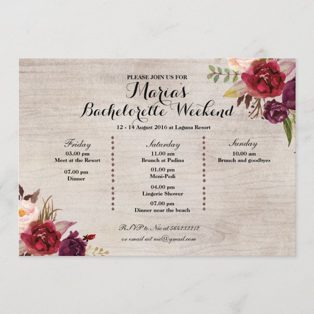 Red Marsala Fall Bachelorette Party Itinerary Program (Front)