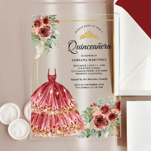Red Marsala Floral Dress Gold Quinceanera Acrylic Invitations