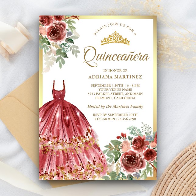 Red Marsala Floral Dress Gold Quinceanera Invitation (Creator Uploaded)