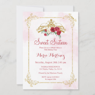 Red Marsala Roses Flowers Blush Pink Sweet 16  Invitation