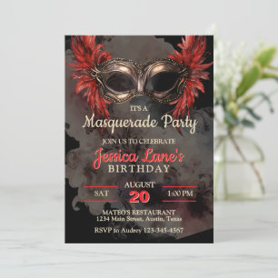 Red Mask Masquerade Party Birthday Invitation