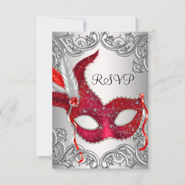 Red Mask Masquerade Party RSVP Card (Front)