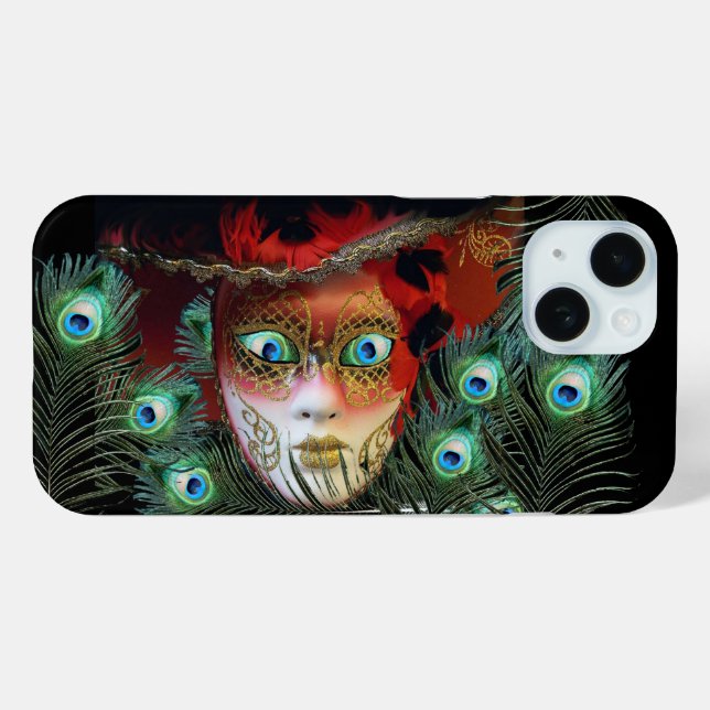 RED MASK WITH  PEACOCK FEATHERS MASQUERADE PARTY Case-Mate iPhone CASE (Back (Horizontal))
