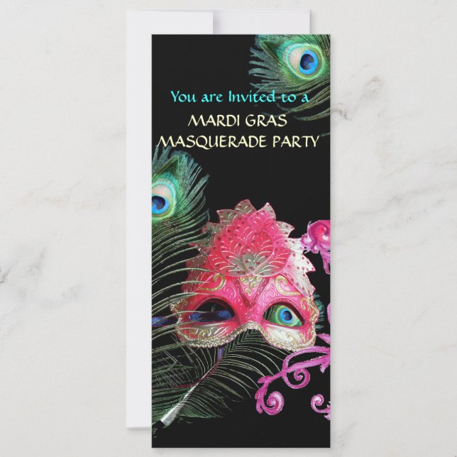 RED MASK WITH  PEACOCK FEATHERS MASQUERADE PARTY INVITATION (Front)