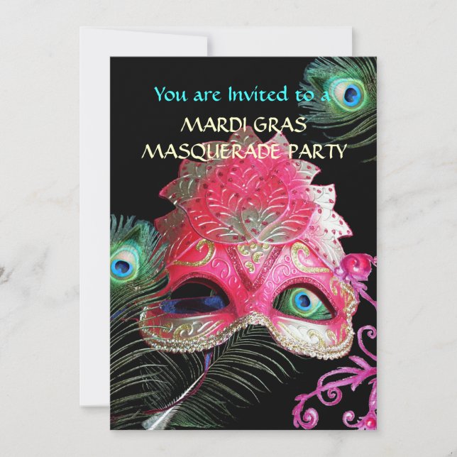 RED MASK WITH  PEACOCK FEATHERS MASQUERADE PARTY INVITATION (Front)