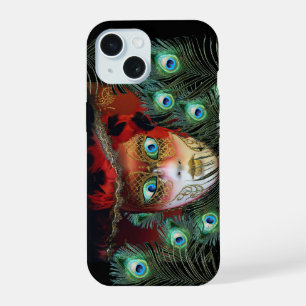 RED MASK WITH PEACOCK FEATHERS MASQUERADE PARTY iPhone 15 CASE