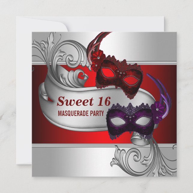 Red Masks Sweet 16 Masquerade Party Invitation (Front)