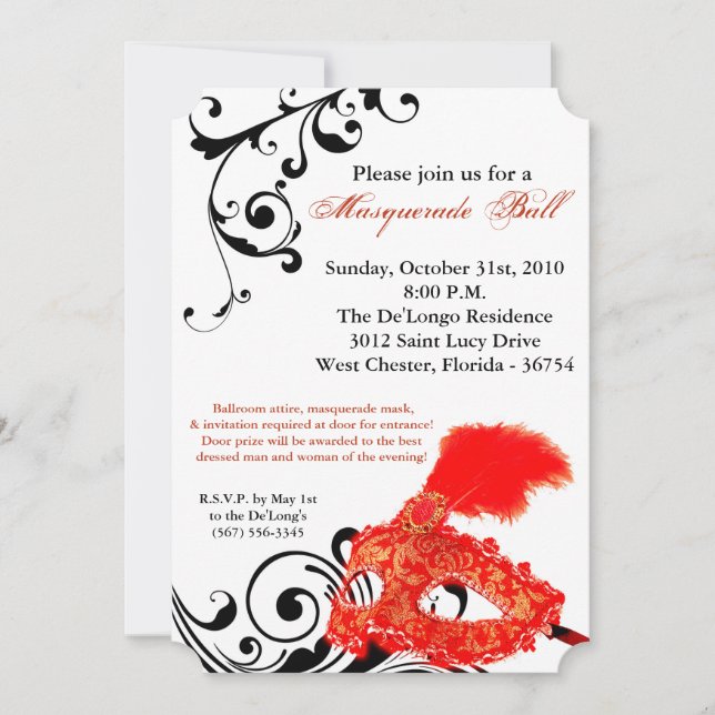 Red Masquerade Ball Mask Costume Halloween Part Invitation (Front)