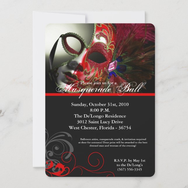 Red Masquerade Ball Mask Costume Halloween Part Invitation (Front)