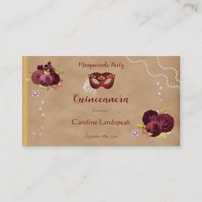 Red Masquerade Burgundy English Roses Quinceañera Enclosure Card (Front)