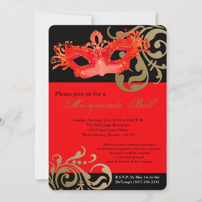 Red Masquerade Mask Ball Costume Halloween Invitation (Front)