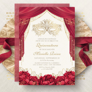 Red Masquerade Mask Modern Quinceanera Invitation
