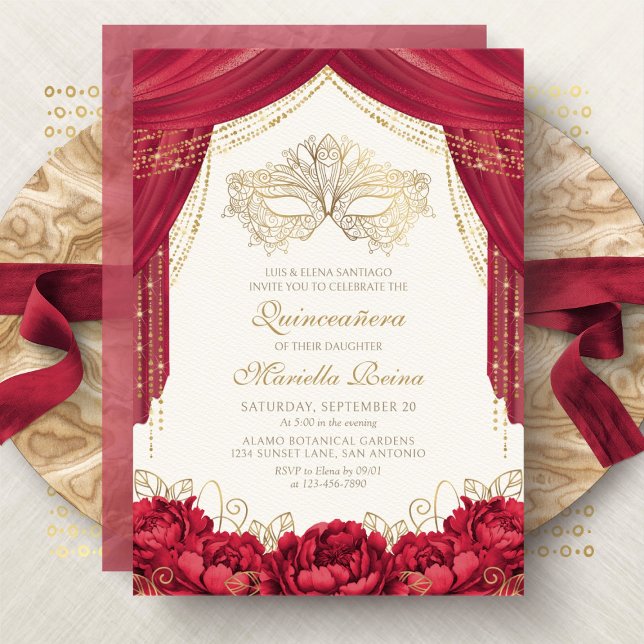Red Masquerade Mask Modern Quinceanera Invitation (Creator Uploaded)