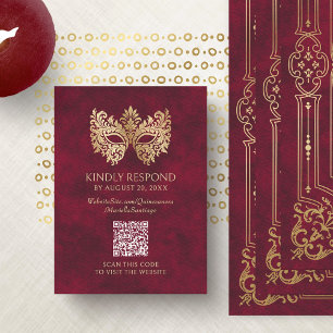 Red Masquerade Mask Quinceanera QR RSVP Enclosure Card