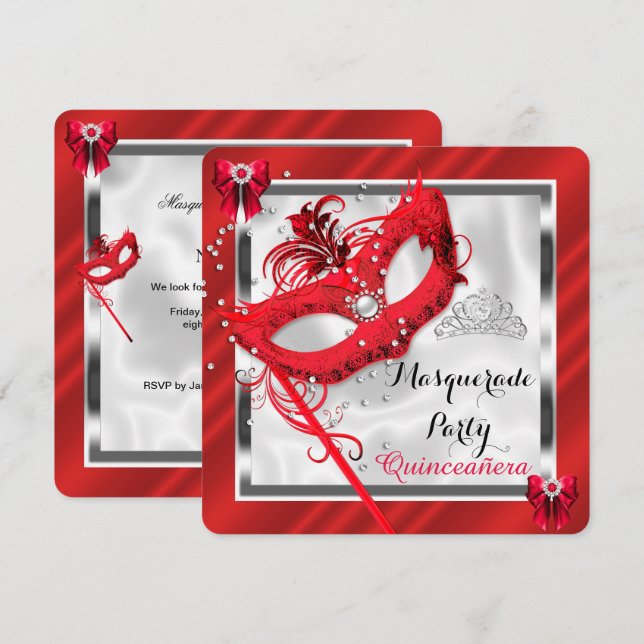 Red Masquerade Quinceanera 15th Birthday Party Invitation (Front/Back)