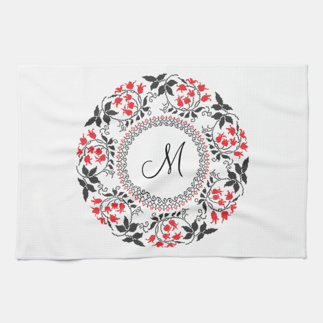 Red May lily ring Personalised Monogram Initial Tea Towel (Horizontal)