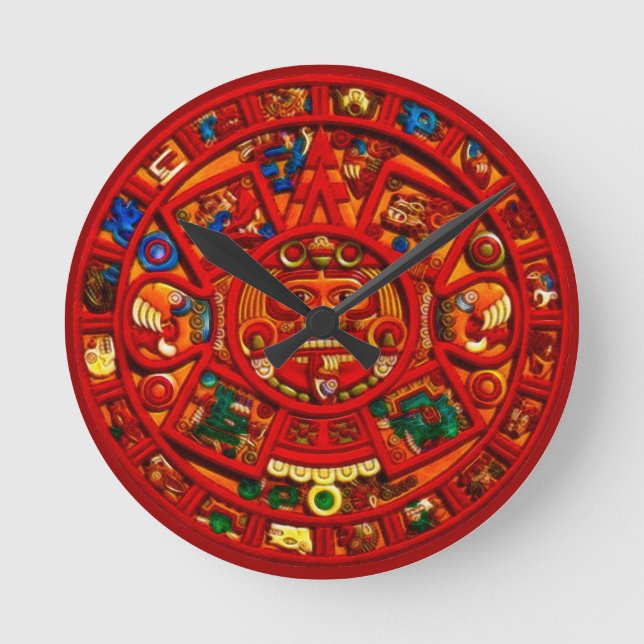 Red Mayan Sun Disc Aztec History Clock (Front)