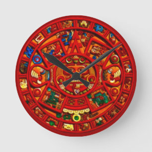 Red Mayan Sun Disc Aztec History Clock