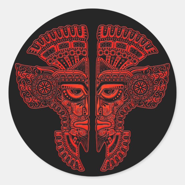 Red Mayan Twins Mask Illusion on Black Classic Round Sticker (Front)