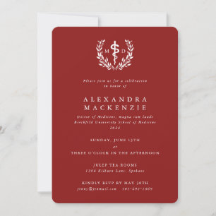 Red MD Asclepius + Laurel Wreath Graduation Invitation