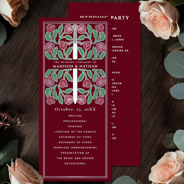 Red Mediaeval Floral Silver Sword Royal Wedding Program (Creator Uploaded)