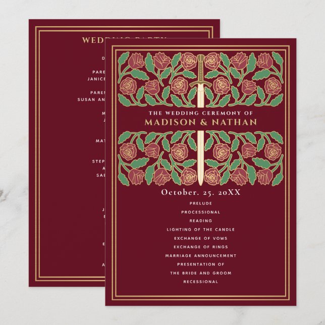 Red Mediaeval Gold Floral Sword Royal Wedding Program (Front/Back)
