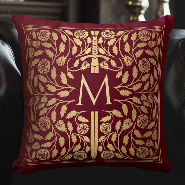 Red Mediaeval Gold Sword Monogram Throw Pillow (Creator Uploaded)