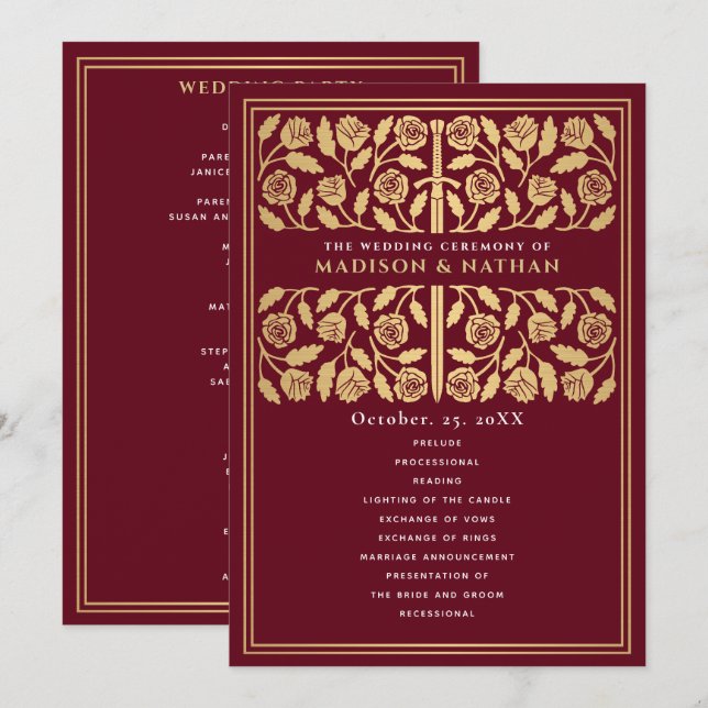 Red Mediaeval Gold Sword Royal Wedding Program (Front/Back)