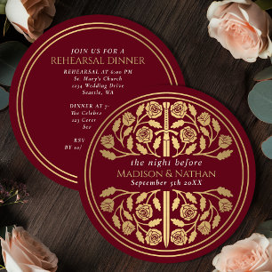 Red Mediaeval Gold Sword Royal Wedding Rehearsal  Invitation