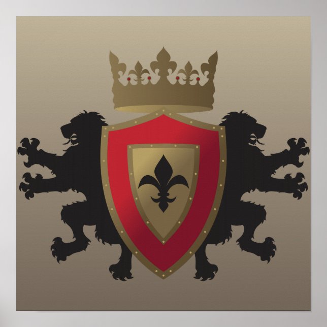 Red Mediaeval Lion Heraldry Poster (Front)