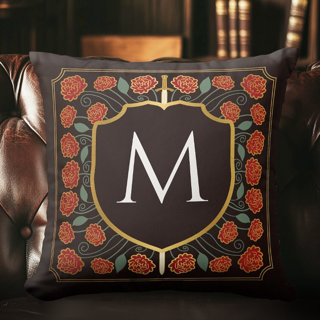 Red Mediaeval Sword Shield Monogram Throw Pillow (Creator Uploaded)