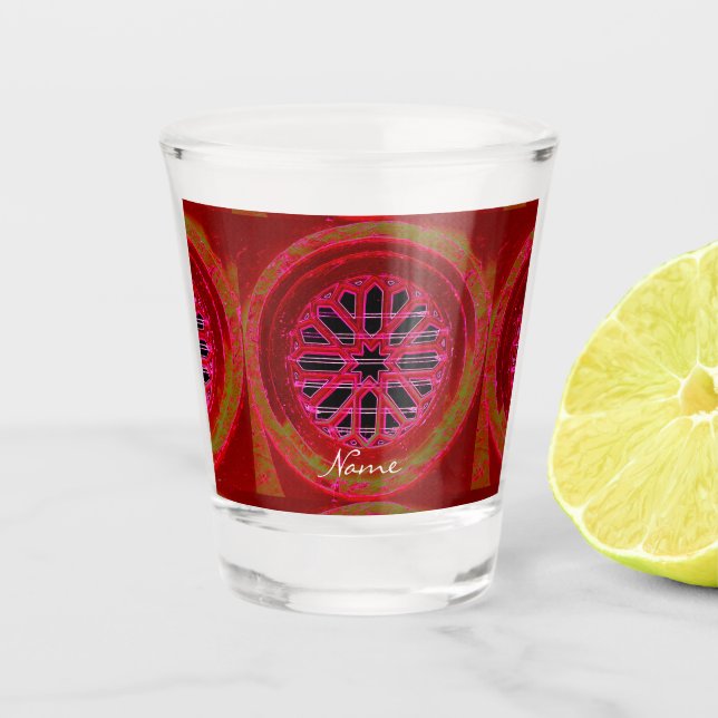 Red mediaeval window mandala Thunder_Cove  Shot Glass (Front)