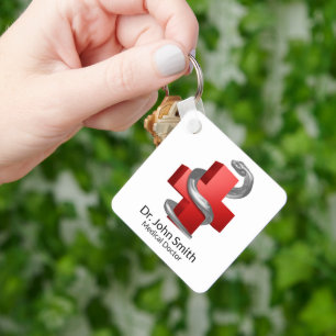 Red Medical Cross Silver Serpent Snake Symbol  Key Ring