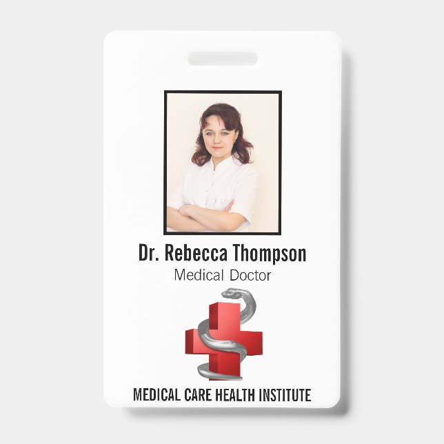 Red Medical Cross Silver Symbol Serpent Photo ID Badge (Front)