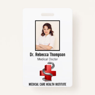 Red Medical Cross Silver Symbol Serpent Photo ID ID Badge