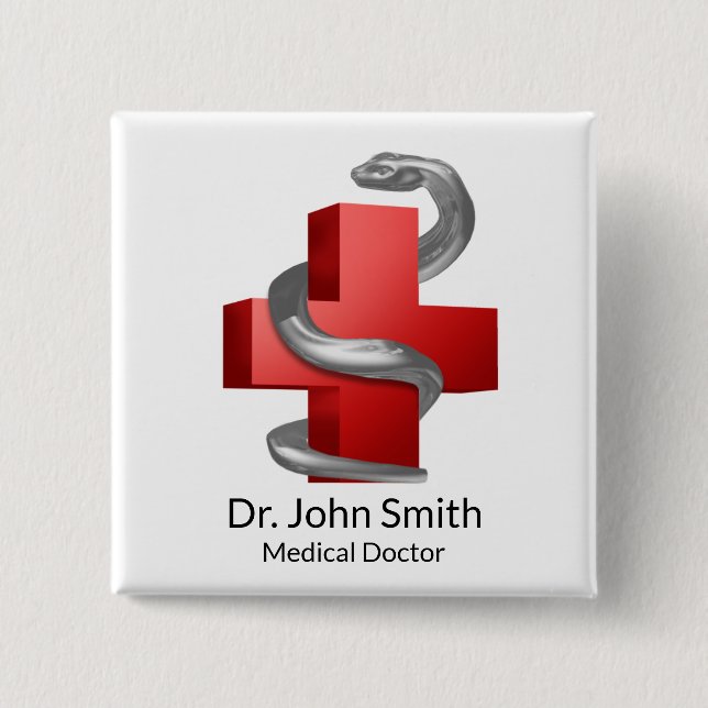 Red Medical Cross Symbol Serpent Snake Silver 15 Cm Square Badge (Front)