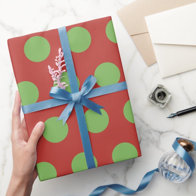 Red Medium-light Green Polka Dots Simple Retro Wrapping Paper (Gifting)