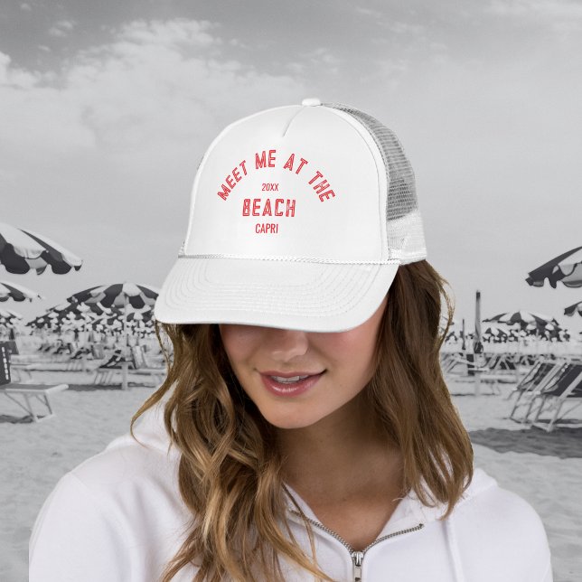 Red Meet Me At The Beach Personalised  Trucker Hat (Creator Uploaded)