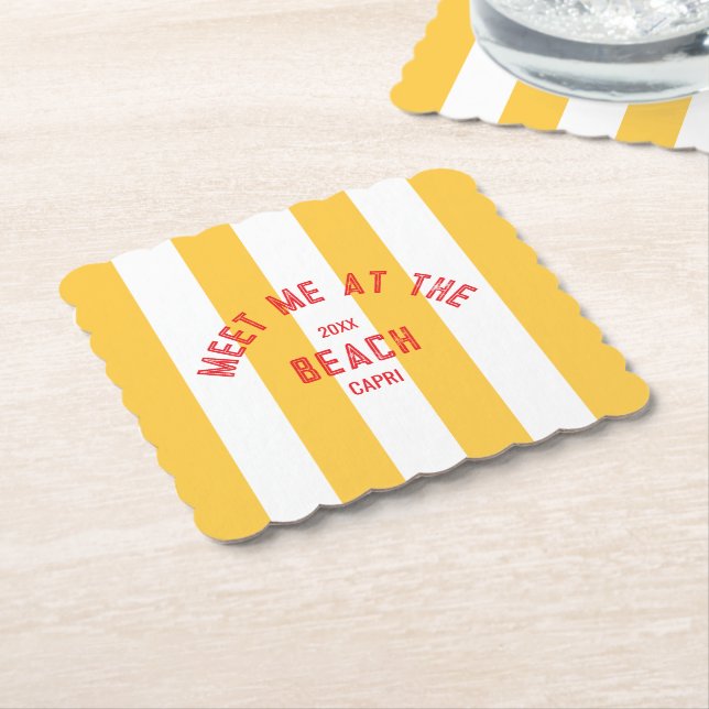 Red Meet Me At The Beach Yellow Cabana Stripe Paper Coaster (Angled)
