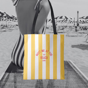 Red Meet Me At The Beach Yellow Cabana Stripe Tote Bag