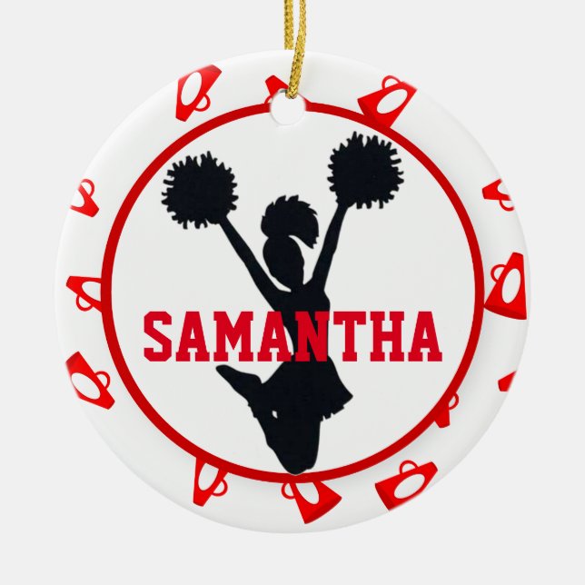 Red Megaphones and Cheerleader Personalised Ceramic Tree Decoration (Front)