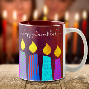 Red Menorah Candles Happy Hanukkah Script Bold Two-Tone Coffee Mug